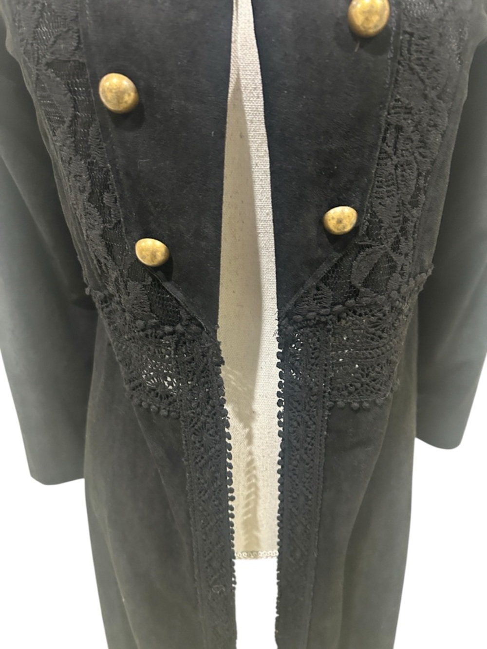 Nwot Vocal black faux Suede Long duster Lace-Trim Military gold Button Jacket - Picture 6 of 11